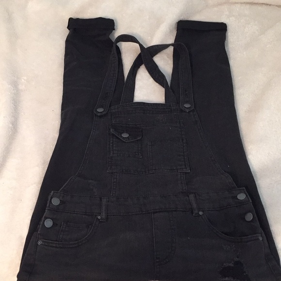Black denim slightly distressed overalls - Picture 5 of 7